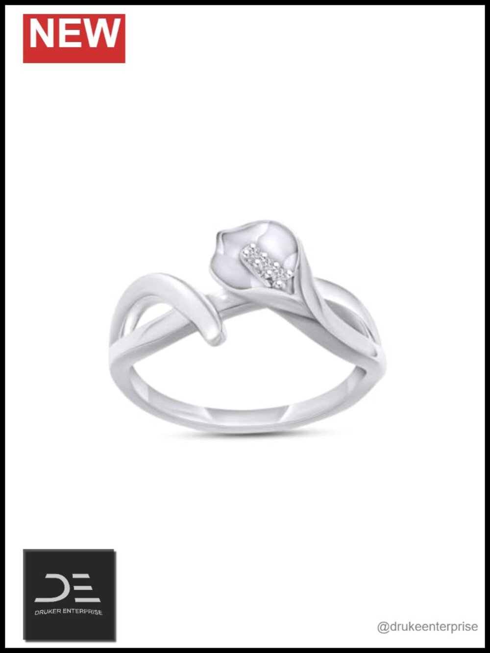 Sterling Silver 14K White Gold Plated Calla Lily Ring with Natural Diamond